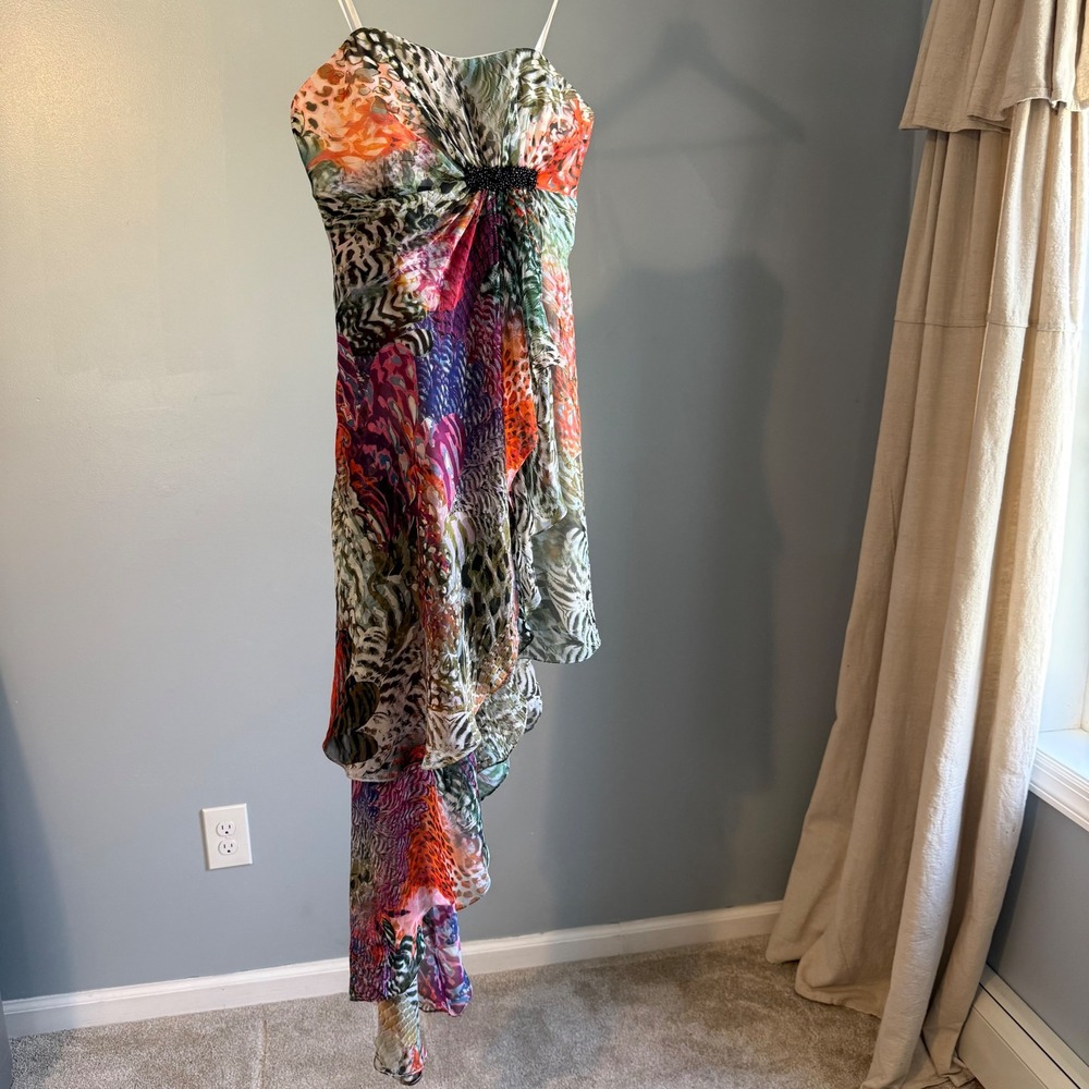 Y2K Aqua Strapless Dress Sz 8 Animal Print Asymmetrical Hem Embellished Flowy